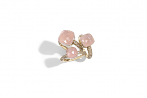 Nudo rings in rose gold with chalcedony, rose quartz and brown diamonds by Pomellato