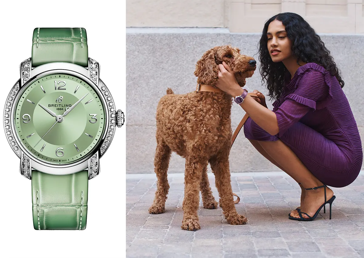 Breitling ženska ura s svetlozelenim usnjenim paščkom in diamanti ter ženska z vijolično uro in psom