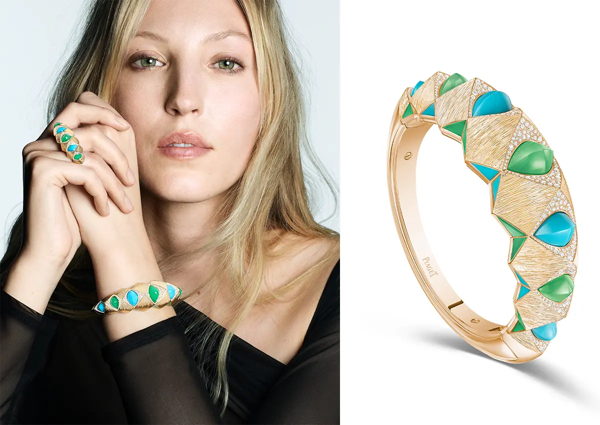 Ženska nosi zapestnico in prstan Piaget iz nove turkizne kolekcije, z značilnim geometrijskim dizajnom in barvitimi dragulji.