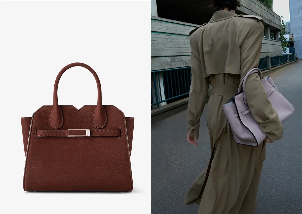 Valextra torba iz kolekcije 2025 v rjavi in rožnati različici, v urbanem okolju.