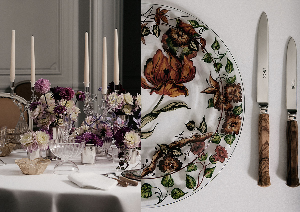 Christian Dior kolekcija Ranelagh z ročno poslikano steklovino, cvetličnimi motivi in elegantno pogrnjeno mizo.