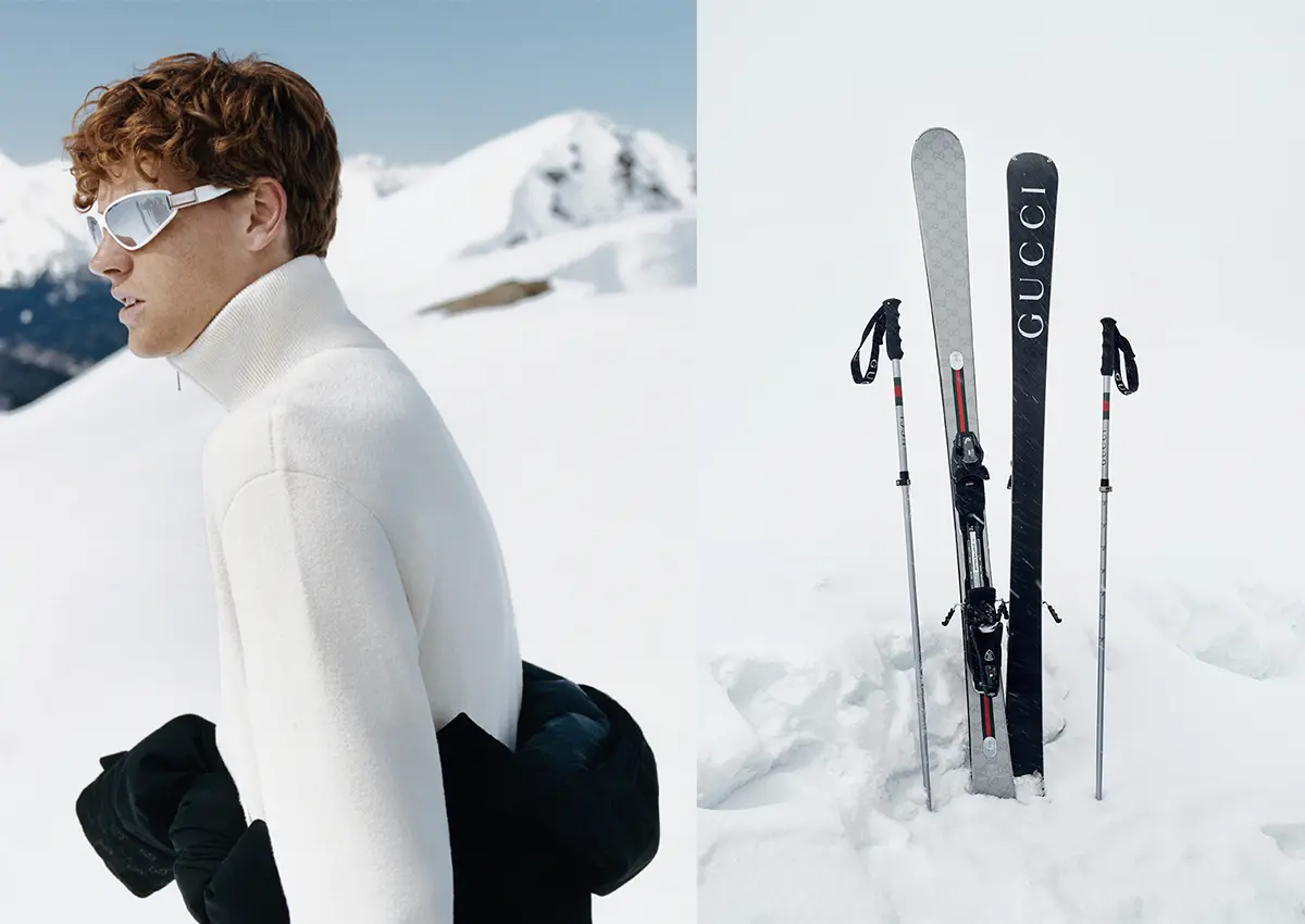Kolaž dveh zimskih prizorov: oseba v beli pleteni jopi s sončnimi očali na zasneženem gorskem območju ter par smuči Gucci z bordonicami, postavljenih v svež sneg.