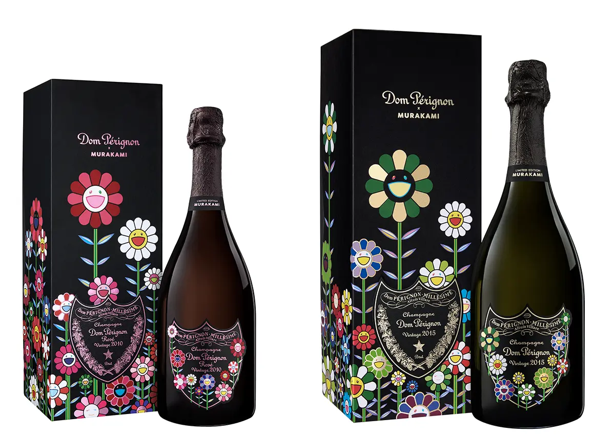 Dom Pérignon × Takashi Murakami – umetniška omejena izdaja 2025 Omejeni izdaji šampanjca Dom Pérignon v sodelovanju z umetnikom Takashijem Murakamijem, z barvitimi cvetličnimi motivi na steklenicah in darilnih škatlah.