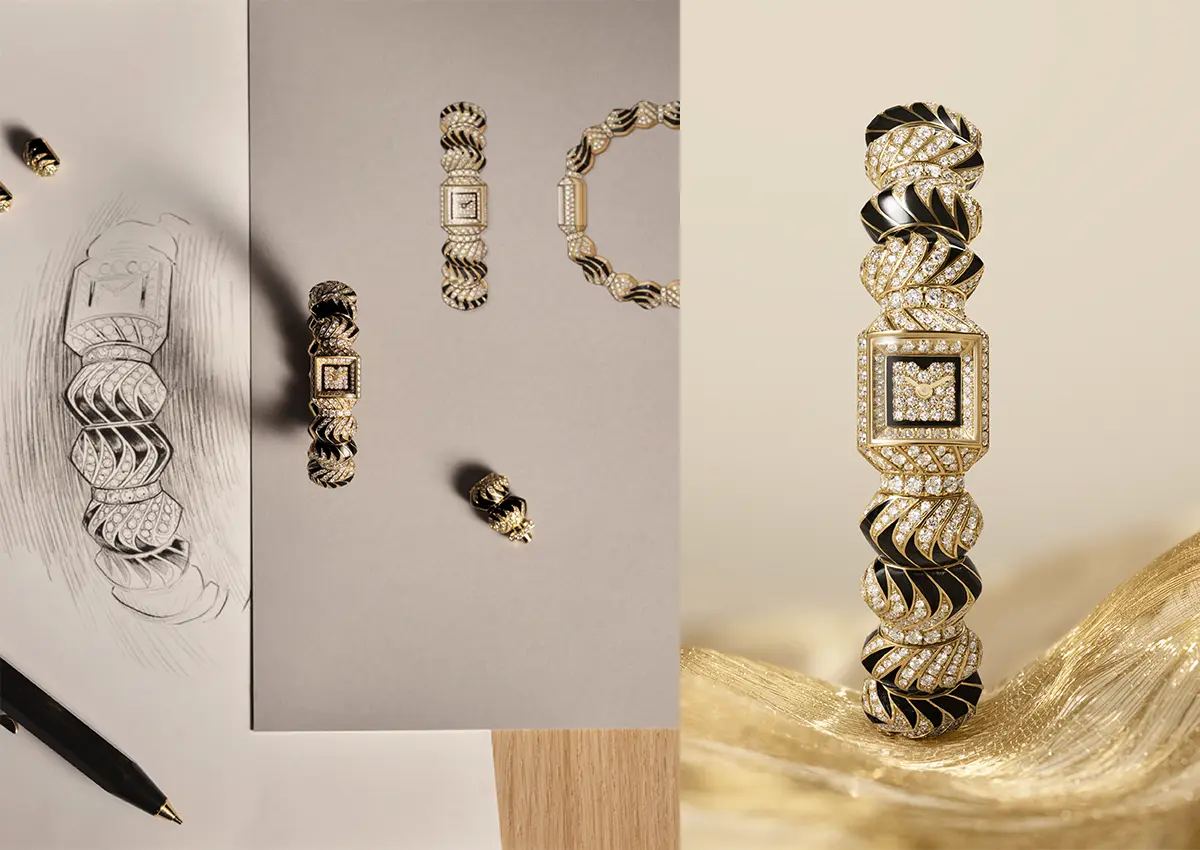 Cartier ura z diamantnim ohišjem in spiralno zapestnico v rumenem zlatu, prikazana ob skici dizajna.