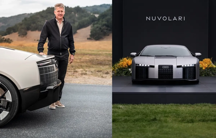 Audi Nuvolari v titanovi barvi med vožnjo po obalni cesti pri Carmel-by-the-Sea v času Monterey Car Week