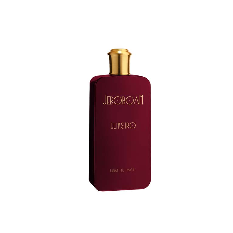 Bordo steklenička parfuma Jeroboam Eliksiro z zlatim pokrovčkom na belem ozadju.
