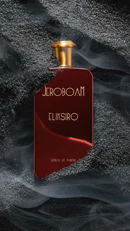 Steklenička parfuma Jeroboam Eliksiro na črnem teksturiranem ozadju z nežnim dimom.