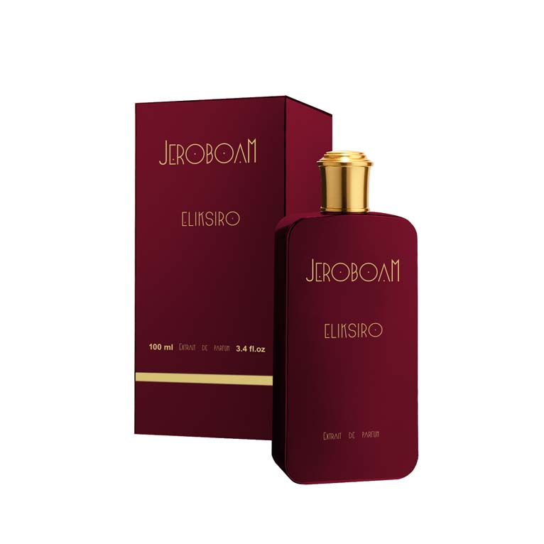 Steklenička parfuma Jeroboam Eliksiro z originalno bordo embalažo.