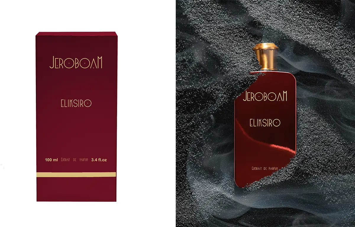 Embalaža in steklenička parfuma Jeroboam Eliksiro ob črnem teksturiranem ozadju.